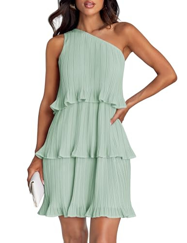 ZESICA Women's 2025 Summer Sleeveless Mini Dress Boho One Shoulder Ruffle Tiered Layered Chiffon Flowy A Line Dresses,Light Green,X-Large | Amazon (US)