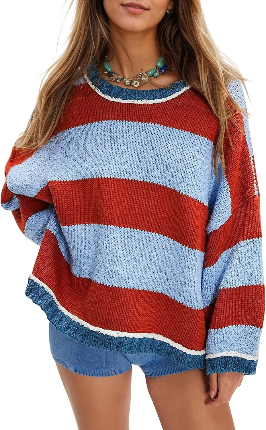 Women's Chunky Knit Striped Sweaters Casual Long Sleeve Crew Neck Oversized Pullover Sweater Winter Fall Spring Tops | Amazon (US)