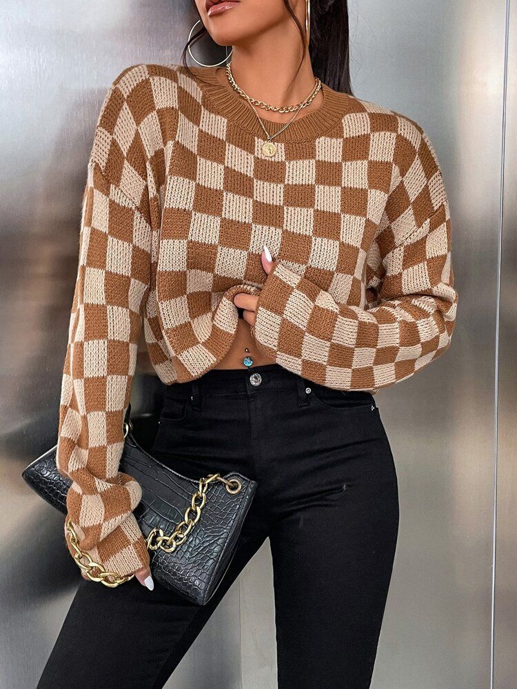 Checkered Pattern Drop Shoulder Sweater | SHEIN