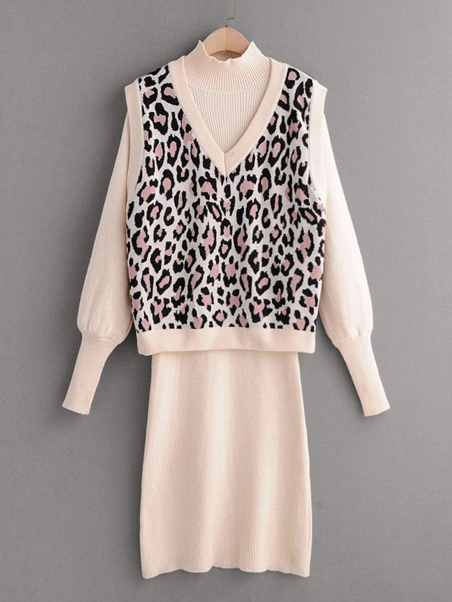 Leopard Sweater Vest & Ribbed Knit Sweater Dress | SHEIN