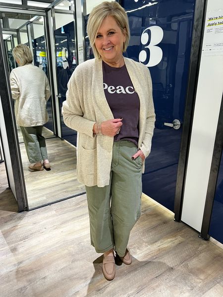 50% off today! Old Navy New Arrivals | Green Cargo Pants | Peace Graphic Tee | Waffle Knit Cardigan | Fashion Over 50