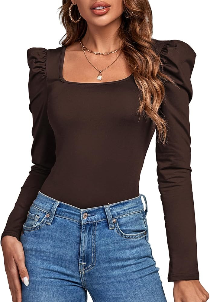 Rooscier Women's Square Neck Puff Long Sleeve Ruched Slim Fit Workwear Tee Blouse Top | Amazon (US)