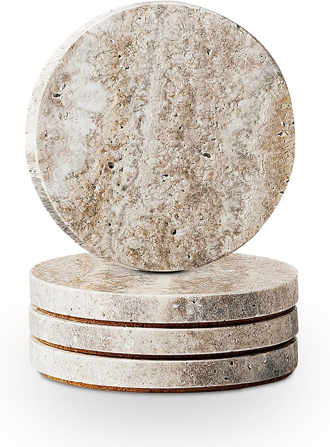 WORHE Marble Coaster for Drinks 4" Diameter Set of 4 Round Travertine Coasters for Home Decor Off... | Amazon (US)