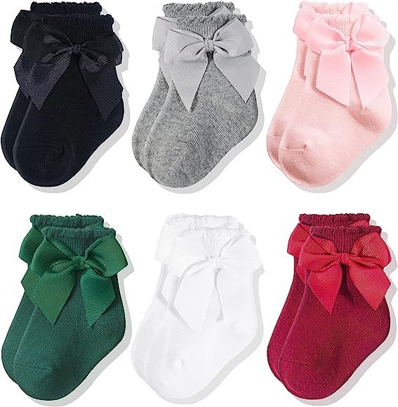 CozyWay Baby Girls Knee High Socks 3/6 Pack Bow Long Stockings Infants Toddlers Ruffled Socks School | Amazon (US)