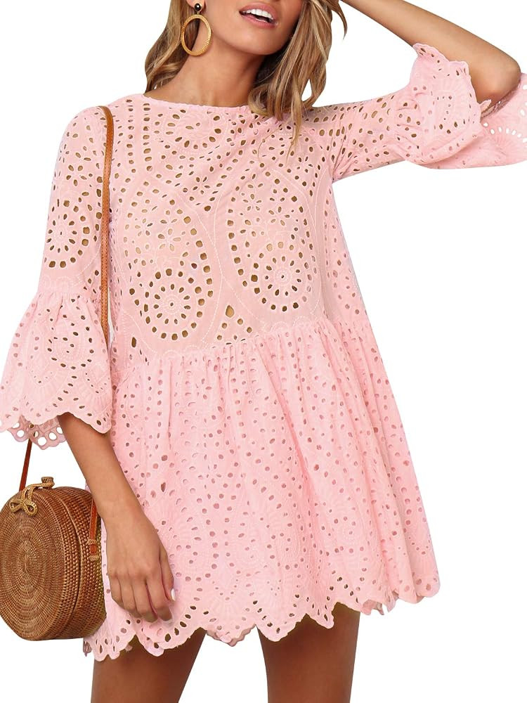 Women's Casual Cotton Aline Dress Flare Sleeve Loose Mini Dress | Amazon (US)