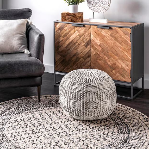 Ivory Knitted Cotton Basketweave Pouf 14" H x 20" W x 20" D | Rugs USA