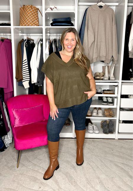 Day 3/5 of Plus Size Casual Outfits! Cannot get enough of these pull on jeans from Amazon! They fit wonderfully and run true to size, I am in the 18 – they come in sizes 16-30! This oversized sweater vest can actually be worn a little off the shoulder with a black tank of your choice, as shown here. I love it so much, especially paired with these camel colored knee high boots. For reference, these boots are not wide calf - my calves are 16 inches and there’s not much room beyond that in these, so I linked some wide calf options as well! 

#LTKplussize #LTKSeasonal #LTKstyletip
