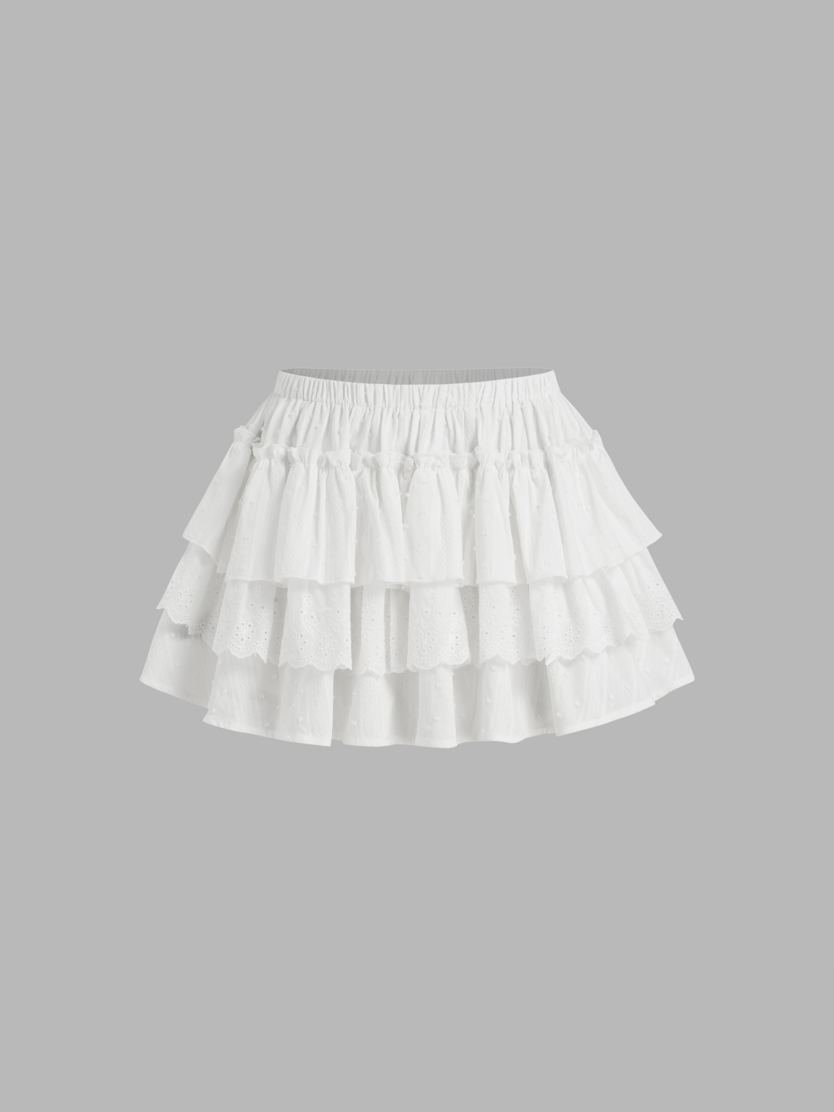 Woven 100% Cotton Mid Rise Broderie Anglaise Layered Mini Skirt For Daily Casual Picnic | Cider