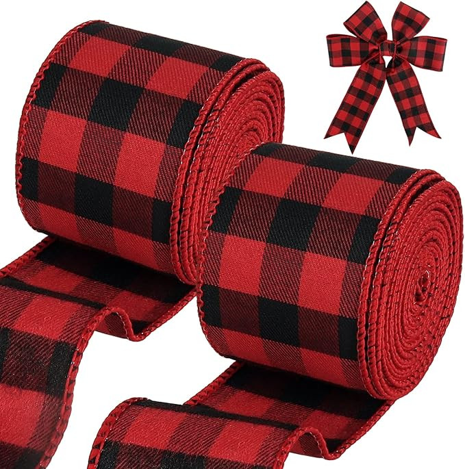 Tenn Well Buffalo Plaid Ribbon, 19.6 Yards 2.5 inch Wired Christmas Ribbon, Orange, Red and Green... | Amazon (US)