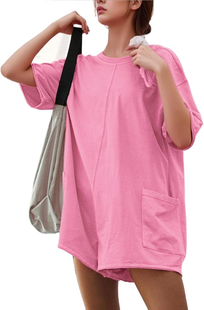 Tshirts Rompers for Women Casual Short Sleeve Back V Neck Oversized Pocket Shorts Overall Romper ... | Amazon (US)