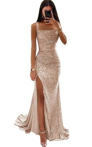 zoteno Sparkly Sequins Prom Dresses 2026 for Teens Square Neck Rose Gold Ruched Long Plus Size Evening Party Gowns with Slit US 20W | Amazon (US)