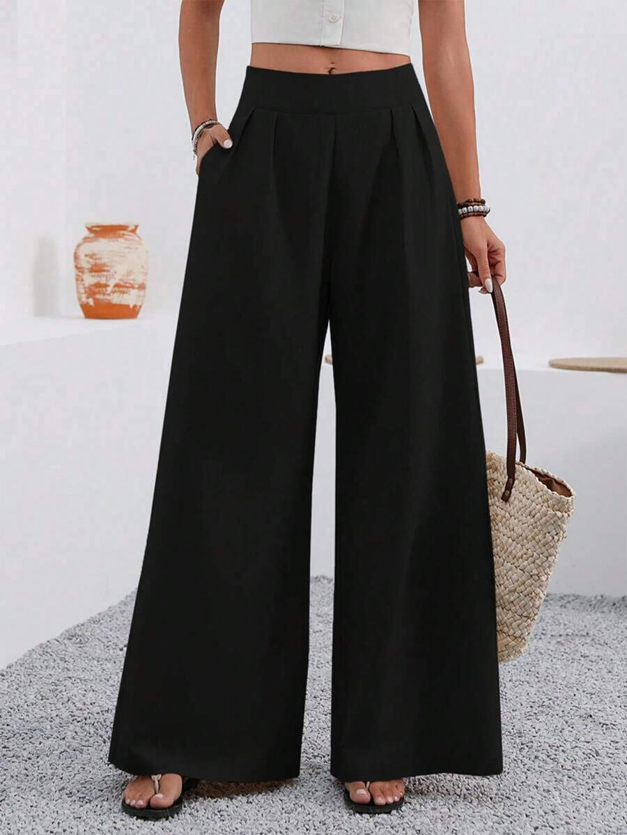 SHEIN PETITE Women's Summer Casual Rayon Drawstring Waist Straight-Leg Trousers With Pockets, Sui... | SHEIN