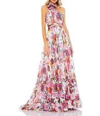 Floral Halter Neck Rosette Sleeveless Gown | Dillard's