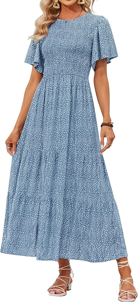 ZESICA Women's 2026 Spring Boho Floral Maxi Dresses Casual Short Flutter Sleeve Smocked Tiered Fl... | Amazon (US)