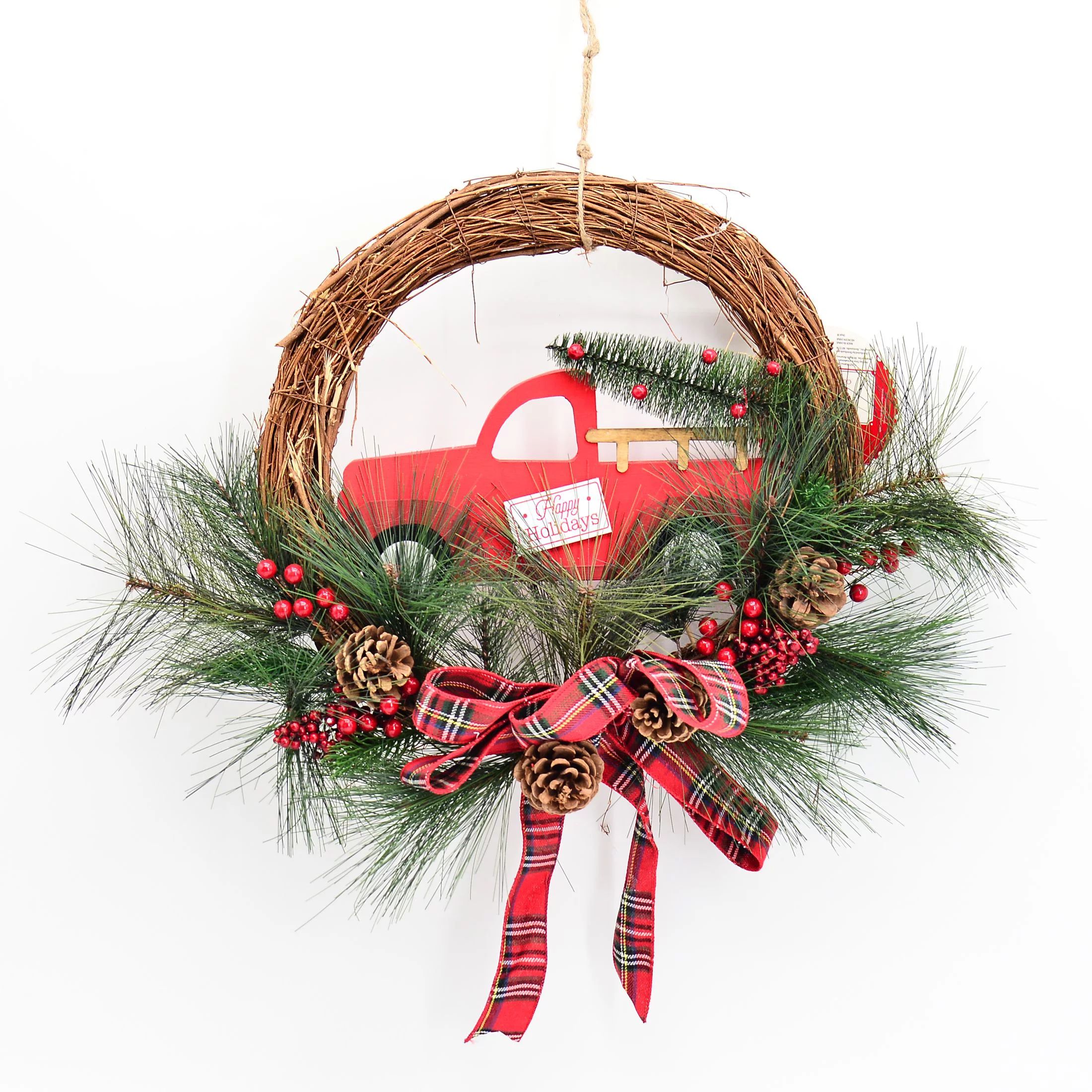 Holiday Time Christmas Wreath with Red Truck, Rustic Decorative Accent Ornament, Unlit, 17.7"H | Walmart (US)
