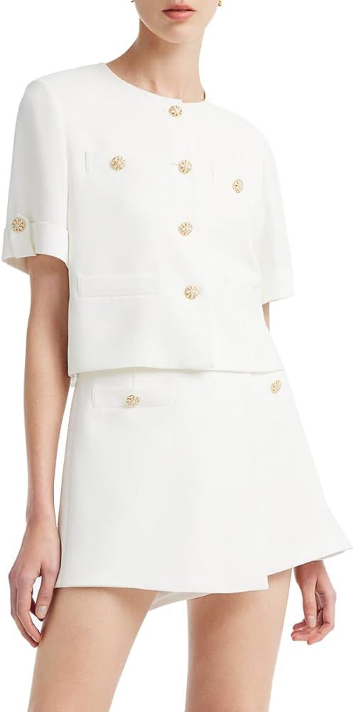 Women's 2 Piece Suit Sets White Acetate Short Sleeve Blazer Jacket and Skirt Shorts Business Casu... | Amazon (US)