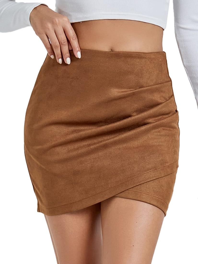 Rooscier Women's Suede Ruched Wrap High Waist Bodycon Zipper Back Mini Skirts | Amazon (US)
