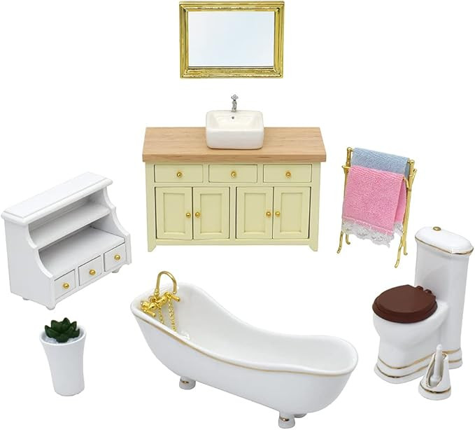 iLAND Dollhouse Furniture and Accessories 1/12 Scale of Dollhouse Bathroom Set incl Ceramic Dollh... | Amazon (US)