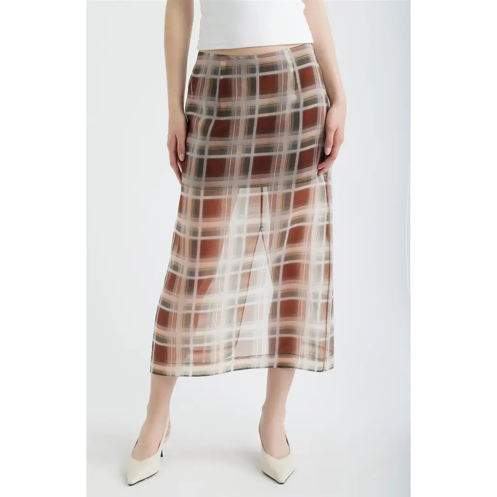 FRAME The Plaid Silk Organza Midi Skirt in Silver Peony Multi at Nordstrom, Size 0 | Nordstrom