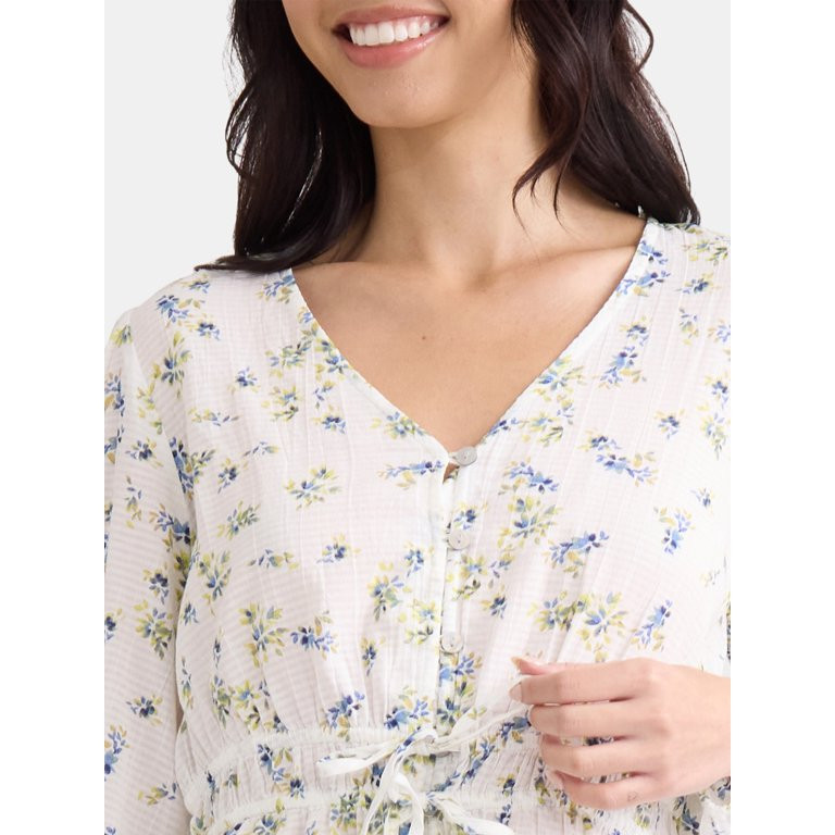 Time and Tru Women's Floral Print Tie Waist Blouse, Sizes S-XXXL | Walmart (US)
