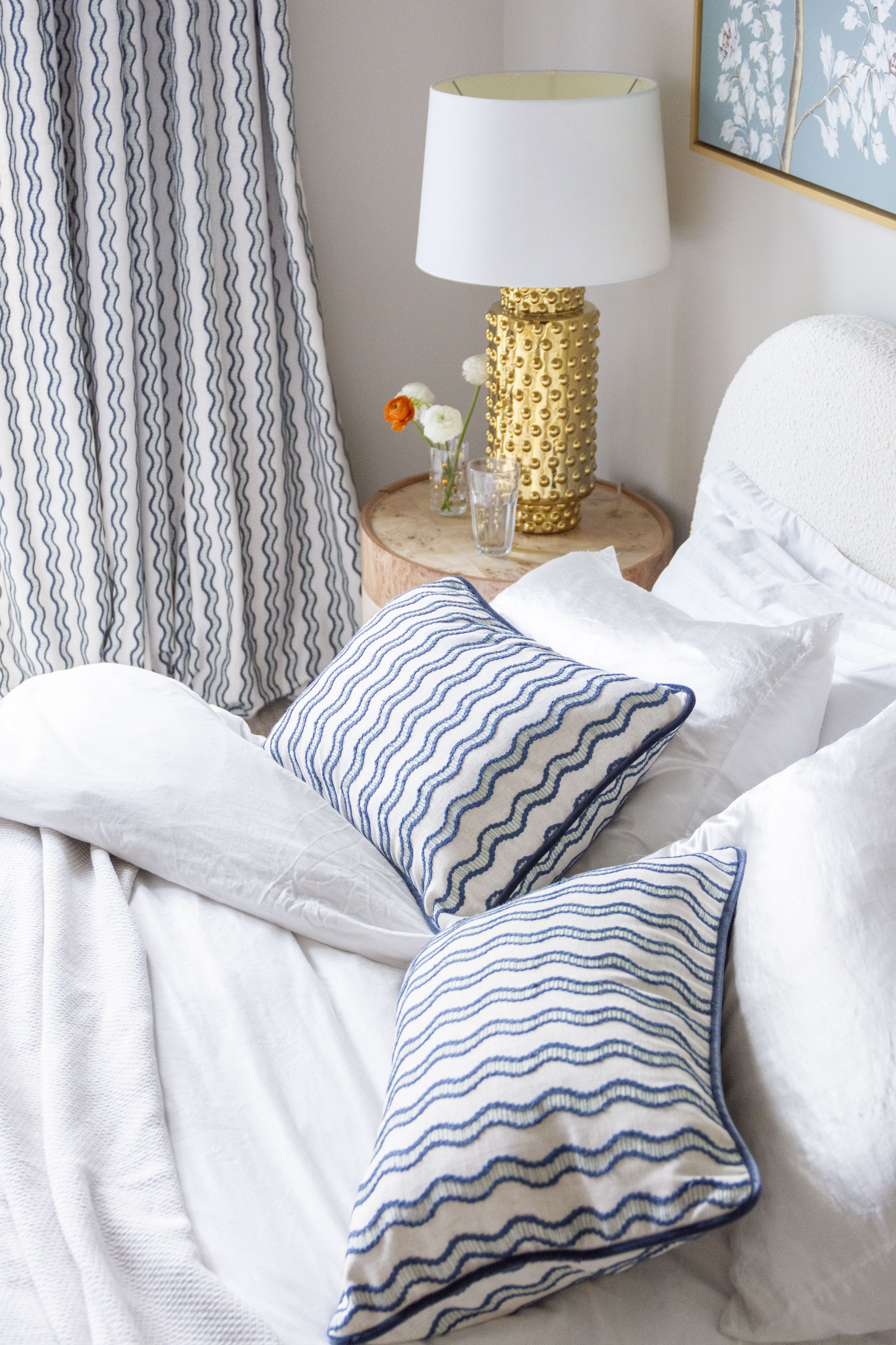 Blue and white bedroom decor inspiration with gold table lamp, Burl nightstand side table, and blue and white pillows and custom curtains, bedroom design, classic decor, interior design tips 

#LTKStyleTip #LTKHome