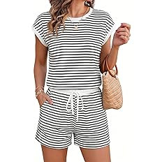 Amazon.com: Ekouaer Womens Rompers for Summer Casual One Piece Short Jumpsuit 2026 Striped Cap Sl... | Amazon (US)