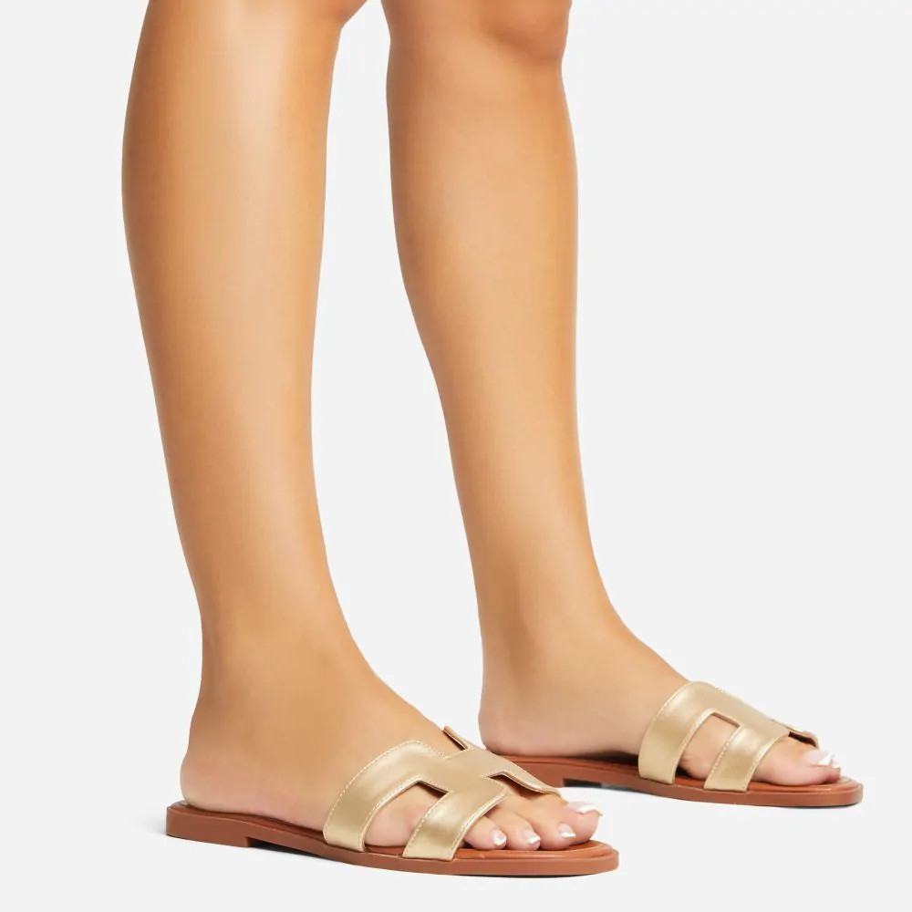 Addison Caged Flat Slider Sandal In Gold Faux Leather | EGO Shoes (US & Canada)