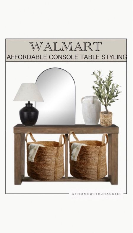 Walmart console table, Walmart finds, baskets, faux plant, arched mirror, vases, accent lamp, wood console, entryway, living room 

#LTKHome #LTKFindsUnder100 #LTKStyleTip