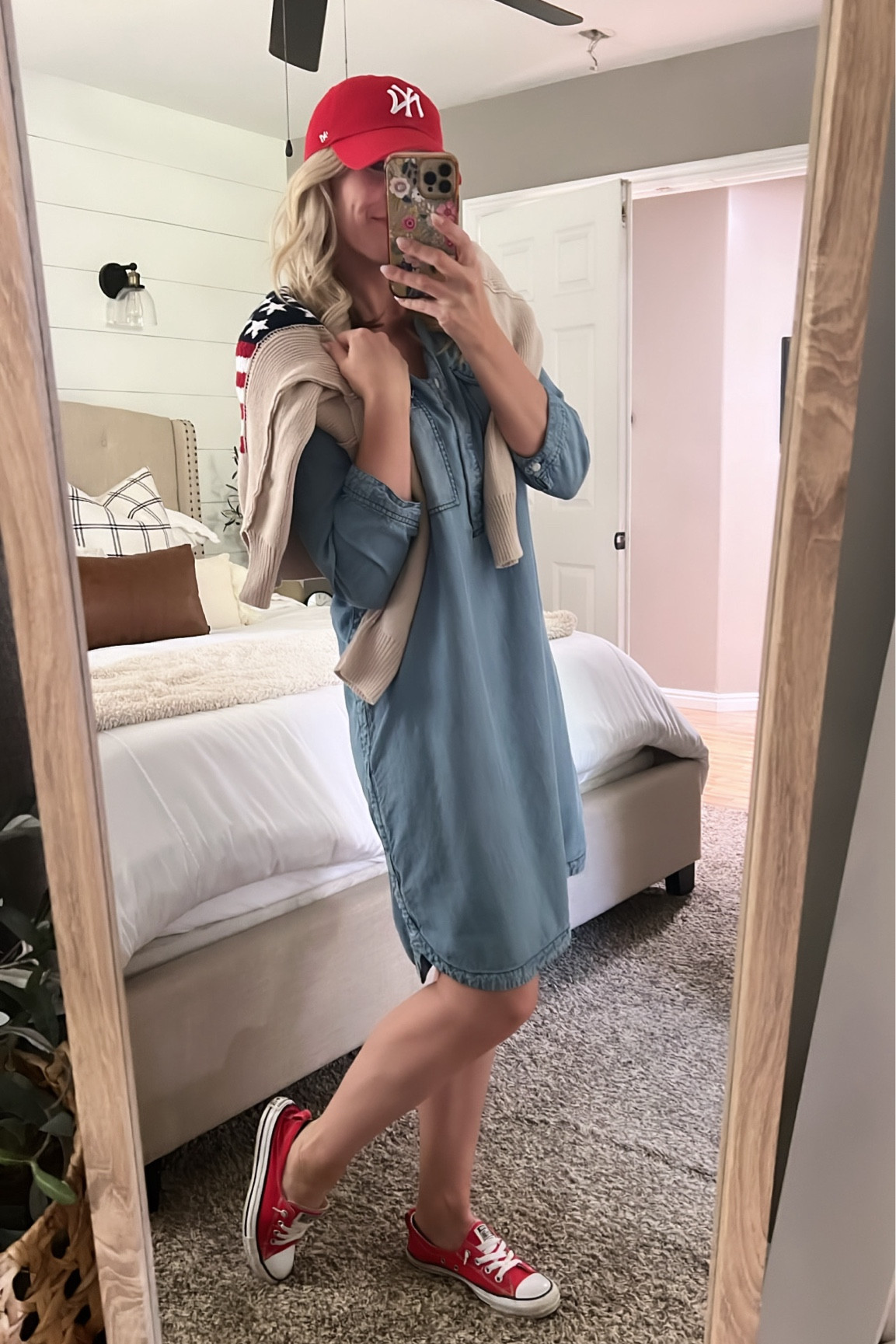 Summer mom outfit 
4th of July outfit idea
Summer dress
Chambray dress
Flag sweater
Red shoes
Red ball cap

#LTKOver40 #LTKParties #LTKStyleTip