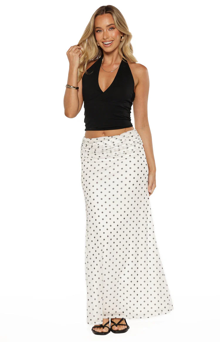 Rozie White Polka Dot Mesh Maxi Skirt | Beginning Boutique | Beginning Boutique (US)