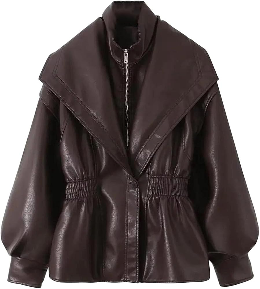Women's Faux Leather Jacket Turn Down Collar Long Sleeve Zipper Closure Casual Coat Lace Up Decor... | Amazon (US)