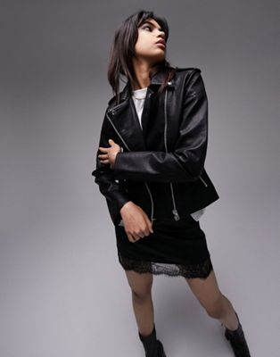 Topshop faux leather classic biker jacket in black | ASOS (Global)