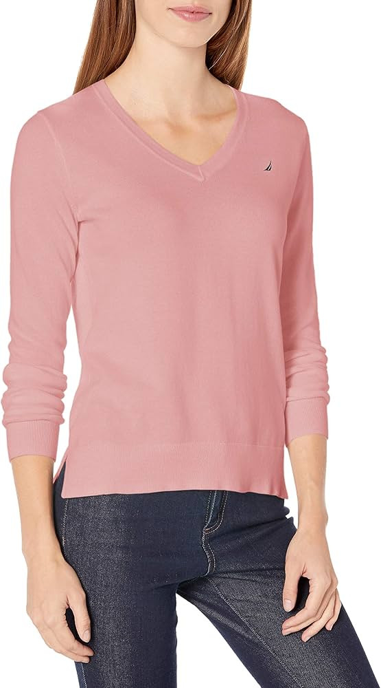 Nautica Women's Effortless J-Class Long Sleeve 100% Cotton V-Neck Sweater | Amazon (US)