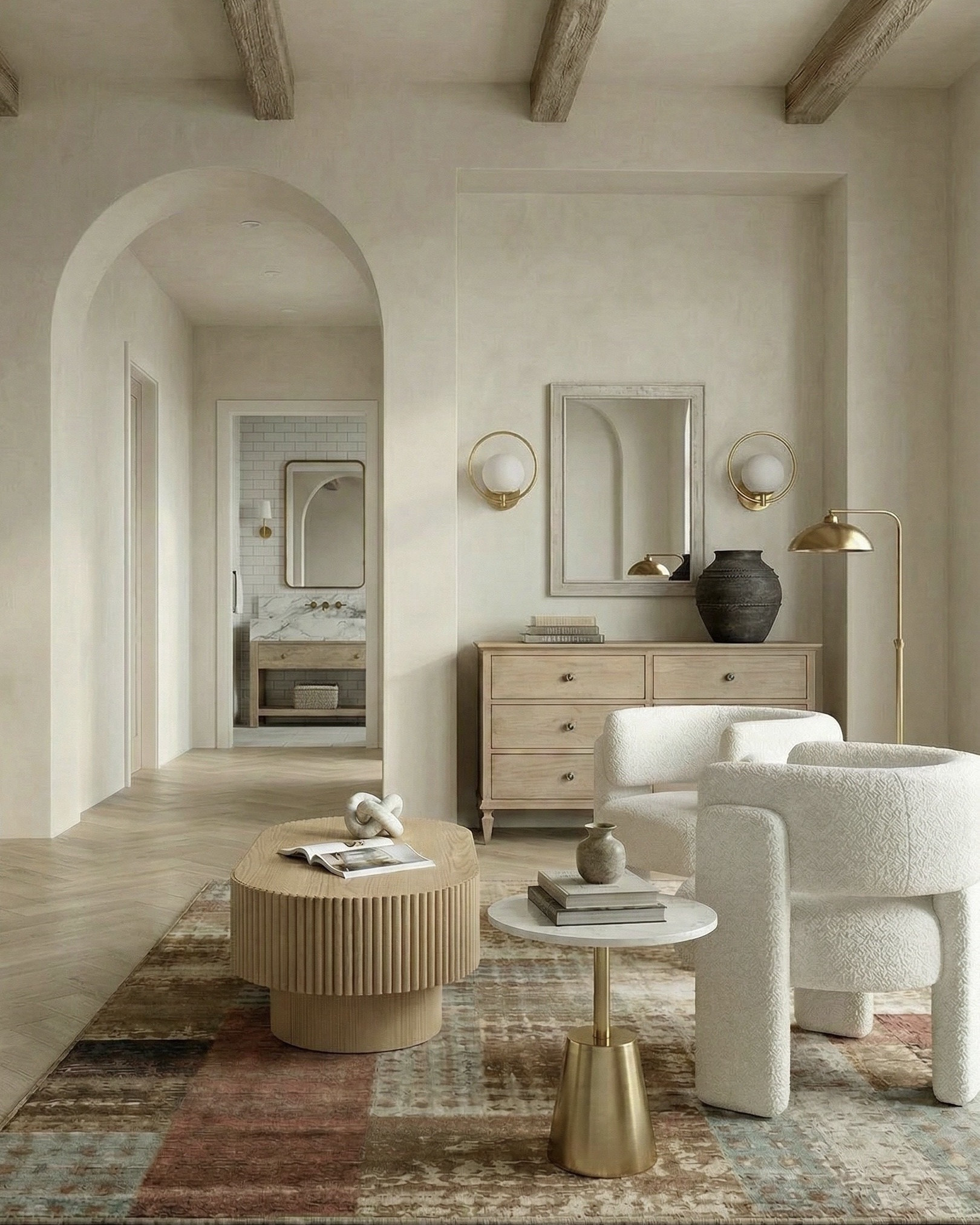 Warm neutral bedroom details 
Light wood nightstands, upholstered cream bed frame, boucle end-of-bed bench, beige textured throw blanket, neutral patterned accent pillows, white and taupe bedding set, abstract neutral wall art, gold wall sconces, arched wall niches, gold framed mirrors, ceramic table lamp with white shade, matte white decorative vase, eucalyptus stems, light wood dresser, brass floor lamp, textured area rug in muted terracotta and blue tones, round fluted wood coffee table, boucle accent chair, small marble side table, stacked coffee table books, ceramic decor accents, wood ceiling beams, herringbone light oak flooring
Modern traditional bedroom, neutral color palette, organic modern decor, cozy minimalist bedroom, high-end bedroom styling, warm earthy tones, designer bedroom inspiration, symmetrical bedroom layout, soft luxury aesthetic, calming bedroom ideas

#LTKSaleAlert

#LTKsale #LTKhome