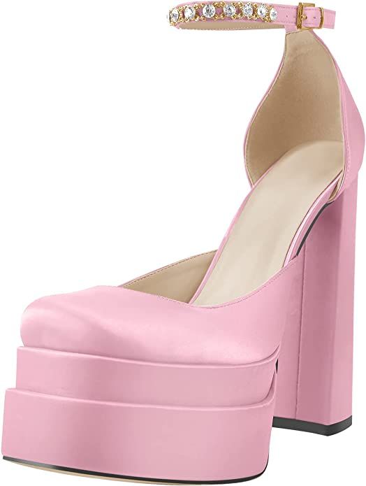 onlymaker Women's Fashion Crystal Clasp Square Toe Chunky Sandals Platform Rhinestone Ankle Strap... | Amazon (US)