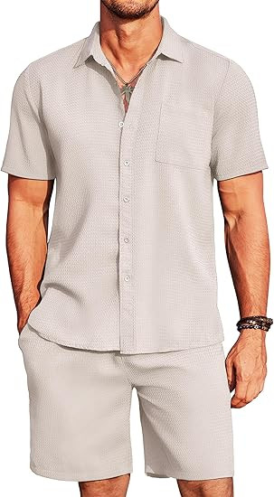 COOFANDY Men 2 Piece Short Sets Outfits Beach Button Down Short Sleeve Shirt and Short Sets | Amazon (US)