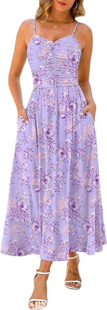Annebouti Women 2026 Summer Spring Ruched Maxi Dress Adjustable Spaghetti Strap Floral Beach Long... | Amazon (US)