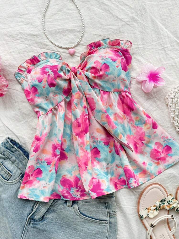 Soleia Women's Romantic Floral Oil Painting Print Crop Tube Top With Ruffles, Tie Front Bow, Gathers And Peplum Hem For Vacation, Sweet Tube Top, Valentine's Day Date, Christmas Women Clothes, Party Women Top, Beach Vacation, New Years Top, Party Women, Kawaii Clothes | SHEIN