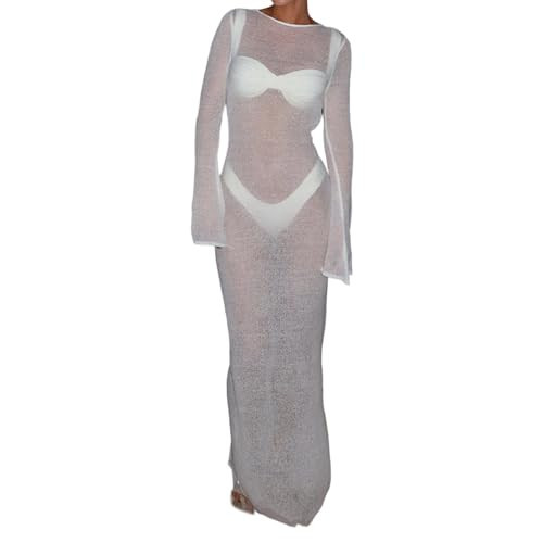 Women's Sheer Beach Maxi Dress Sexy Long Sleeve Solid Color Swimsuit Bathing Suit Cover Up Summer Beach Long Dress (White, S) | Amazon (US)