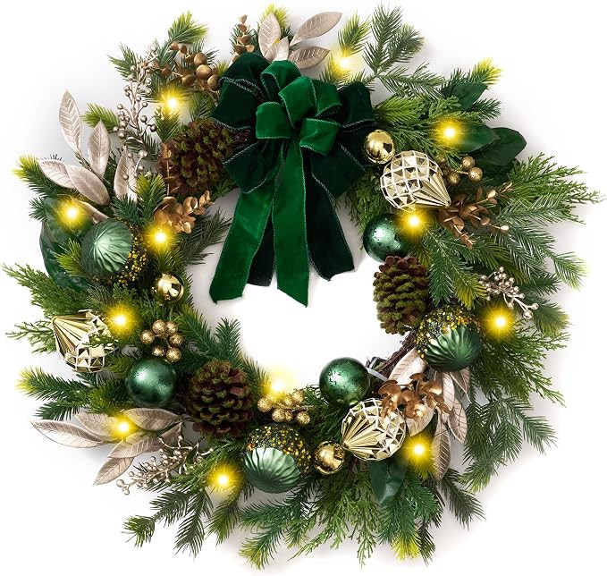 DecorbyHannah 24" Pre-Lit Christmas Wreath for Front Door with Lights, Large Green Gold Lighted C... | Amazon (US)