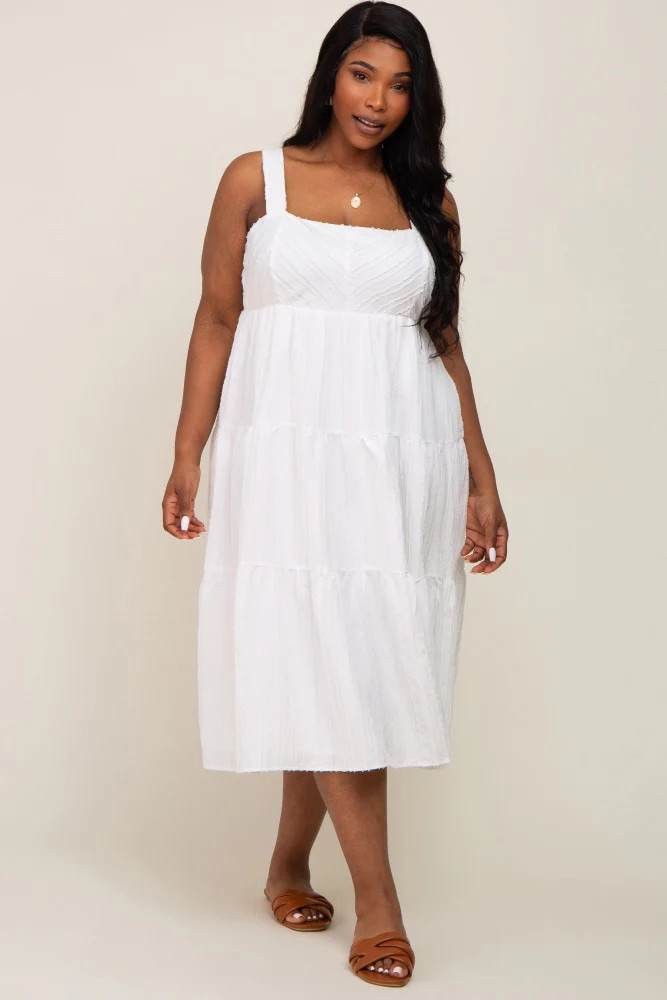 White Textured Striped Tiered Plus Midi Dress | PinkBlush Maternity