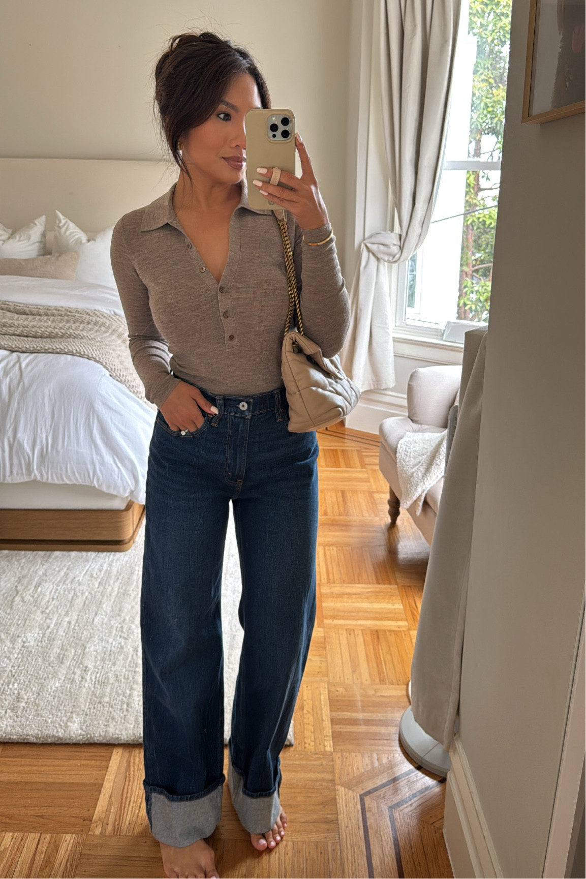 Fall outfit 🤎

Sizing:
Polo Henley - tts, xs
Jeans - dark wash with cuff, tts, 25 short