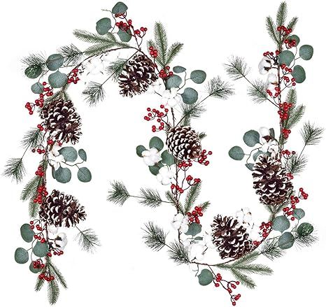 DearHouse 6.01Ft Berry Christmas Garland with Pinecones Berries Spruce Eucalyptus Leaves Cotton B... | Amazon (US)