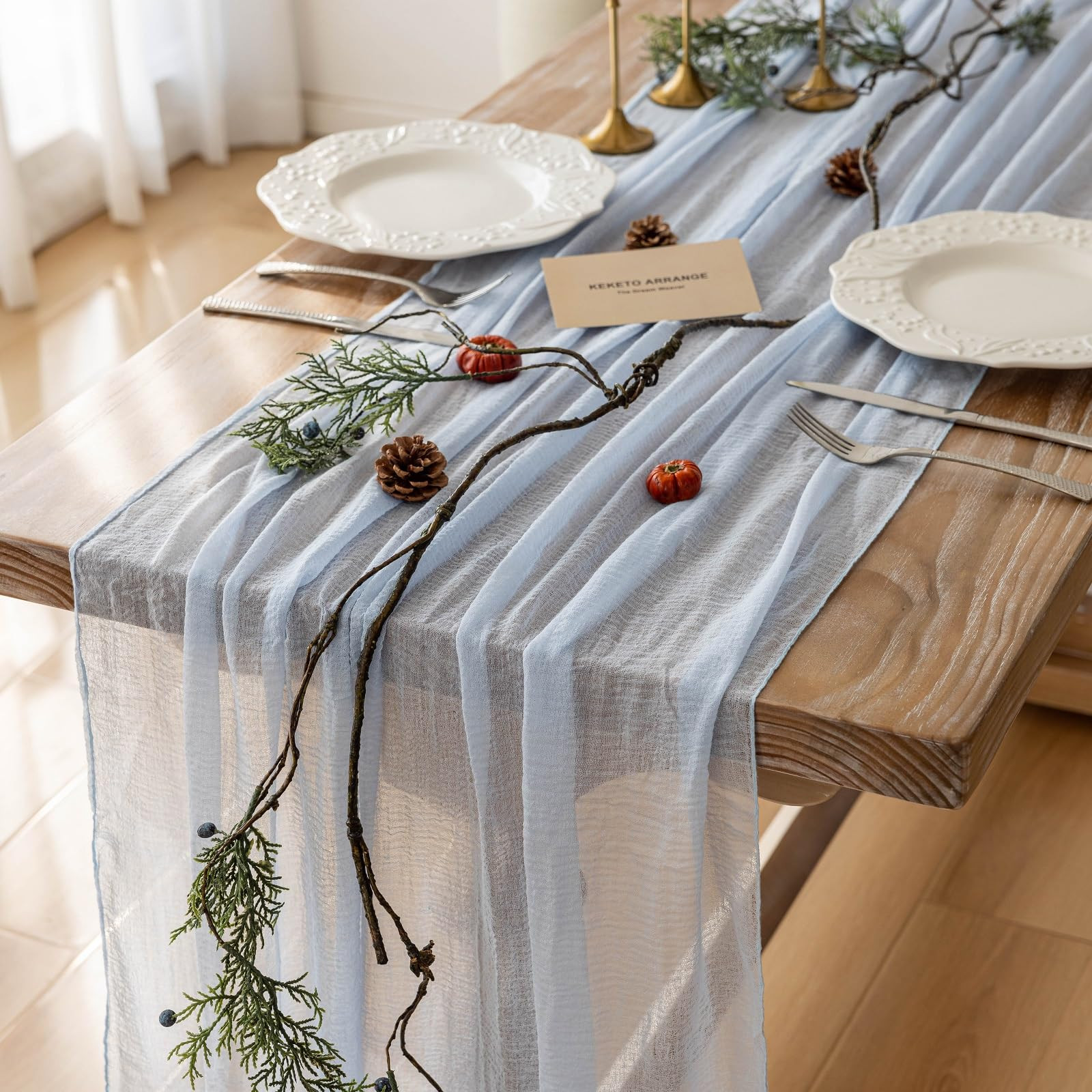 Keketo Cheesecloth Summer Table Runner Light Blue Gauze Rustic Cheese Cloth Table Runner 120 Inch... | Amazon (US)