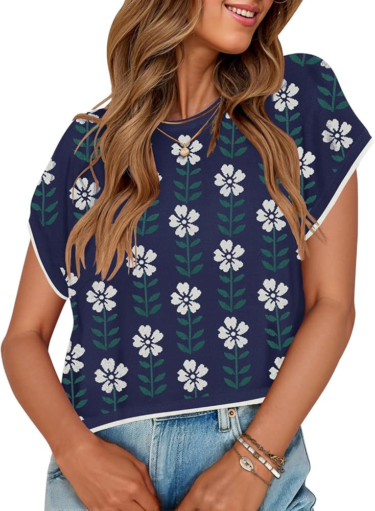 ZESICA Womens Short Sleeve Printed Tops Crew Neck Cute Knit Sweaters Vest 2025 Trendy Clothes Out... | Amazon (US)