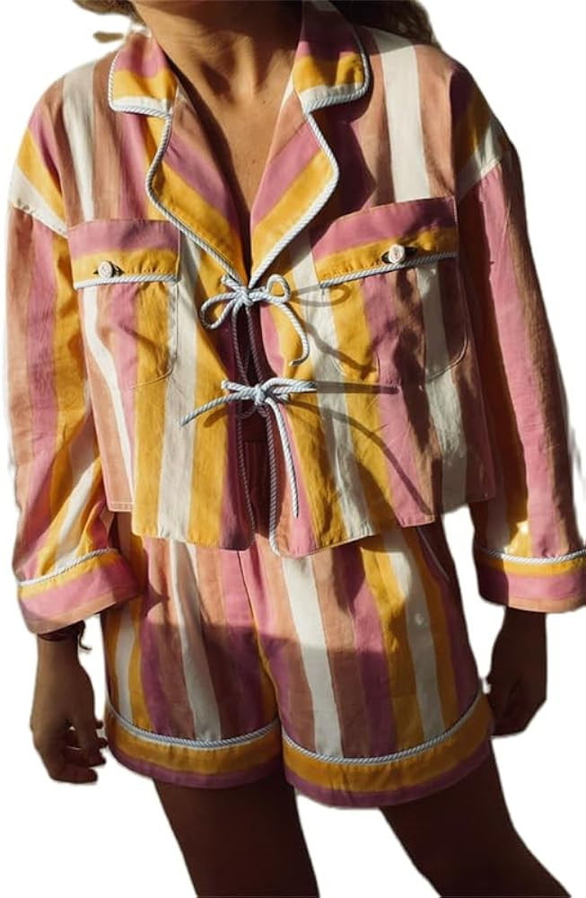 Thopavenoir Women Casual Lounge Set 2 Piece Pj Set 3/4 Sleeve Floral Printing Tie Front Shirt Hig... | Amazon (US)