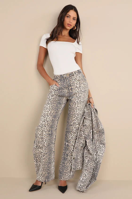 Horseshoe Beige Faded Leopard Print Ultra Wide-Leg Jeans | Lulus