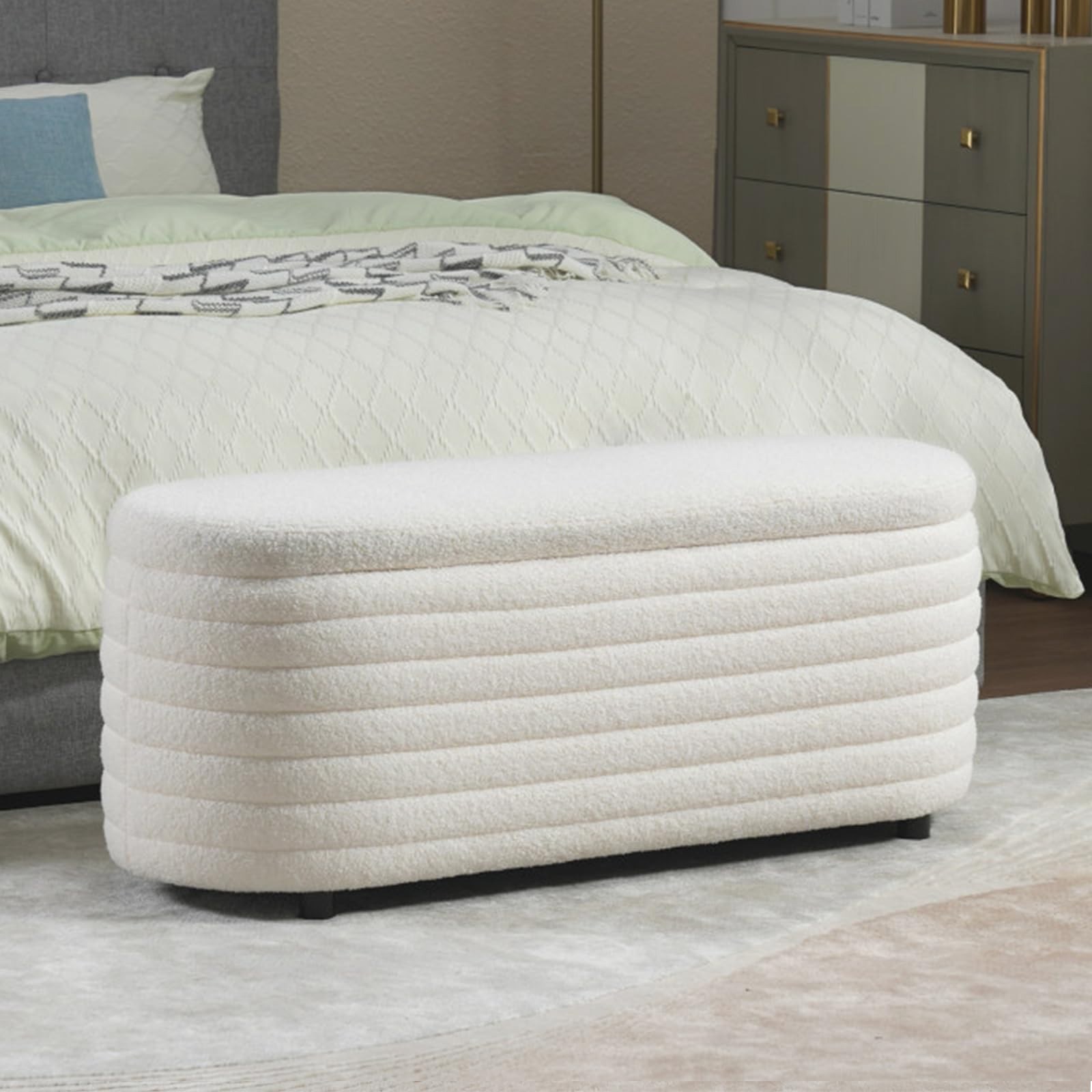 Storage Teddy Ottoman Bench Upholstered Fabric Storage Bench End of Bed Stool with Safety Hinge for Bedroom, Living Room, Entryway, Closet(44.5", White) | Amazon (US)