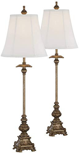 Regency Hill Juliette Traditional French Country Style Buffet Table Lamps 36.5" Tall Skinny Set of 2 Antique Gold Ornate Base White Fabric Bell Shade Decor for Living Room House Home Dining | Amazon (US)