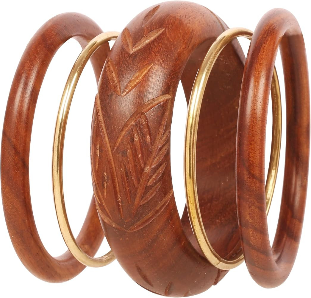 Indian Bollywood Hand Cut Wood Pretty Assorted Patterns Brass Designer Jewelry Bangle Bracelets i... | Amazon (US)